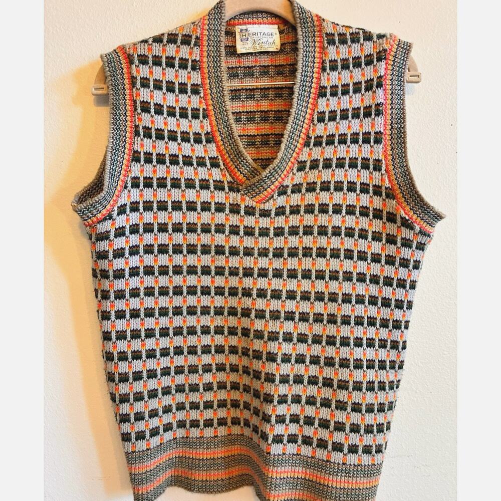 Vtg 70s Geometric Knit Sweater Vest Retro Golf Preppy Academia Grandpa Wintuk M